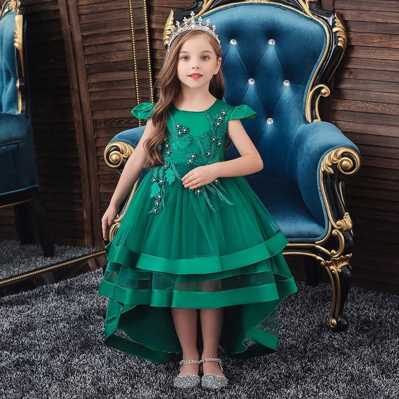 HIHCBF Little Big Girls Flower High Low Tulle Dress Princess Wedding Pageant Birthday Party Formal Evening Dance Ball Gown Deep Green 3-4T - Image 2